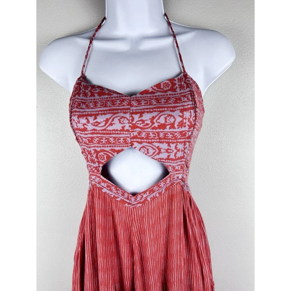 Free People Crystal Bay Wide Leg Jumpsuit Size L Coral Red Halter Smocked Boho